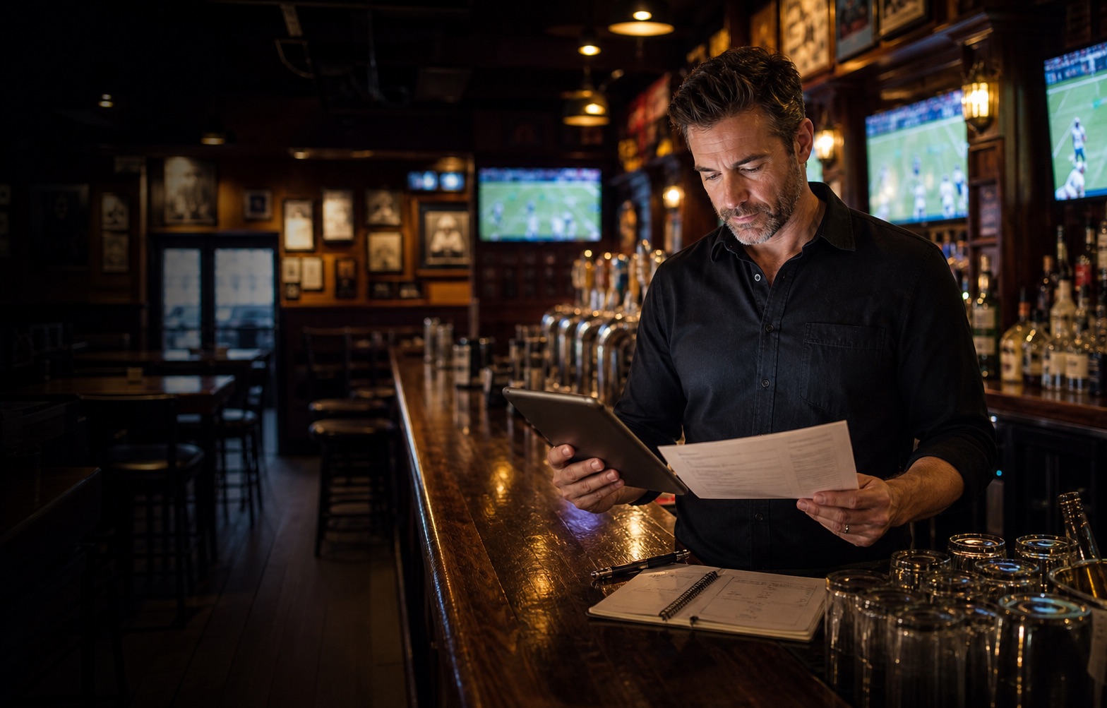An independent sports bar owner reviewing a practical weekly plan before service